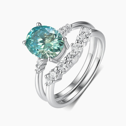 Oval Green Moissanite Curved Bridal Set