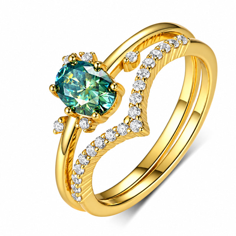 Oval Green Moissanite Chevron Bridal Set
