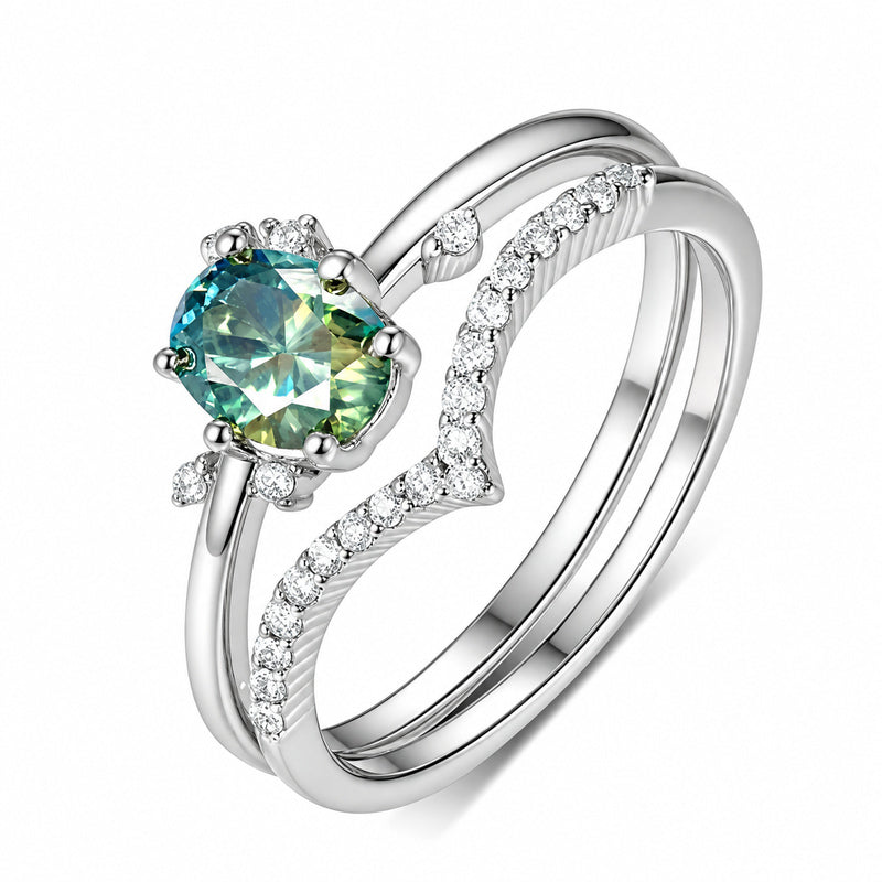 Oval Green Moissanite Chevron Bridal Set